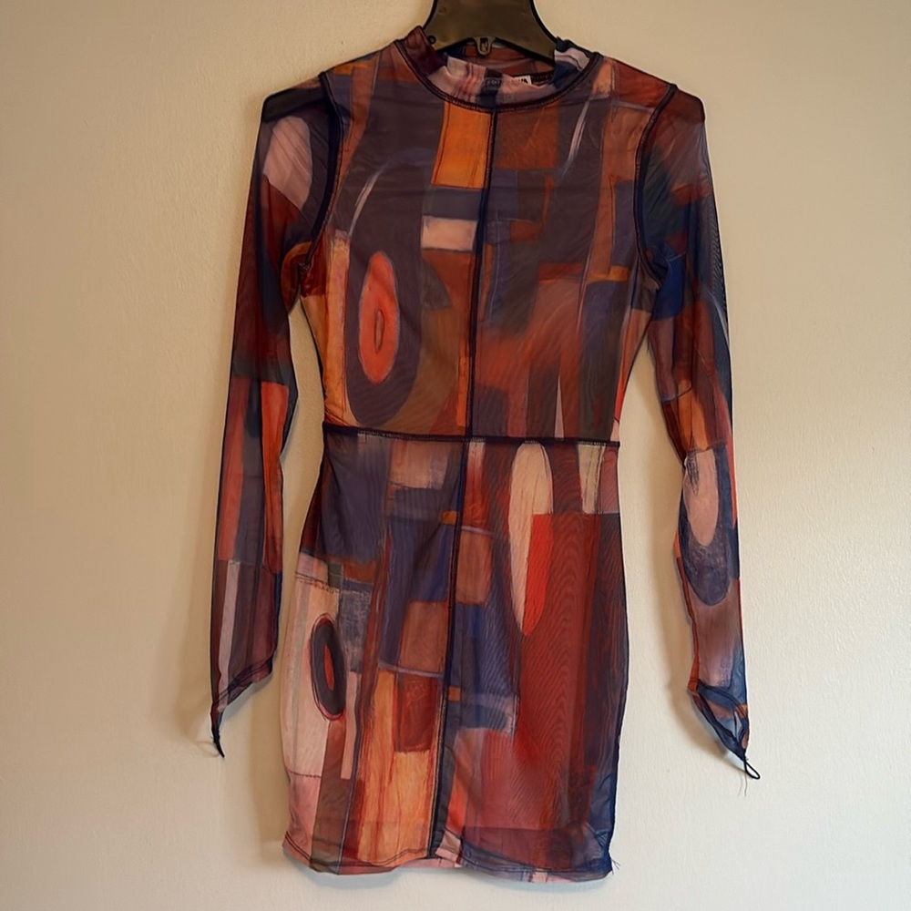 FASHION NOVA DRESS HADLEY MESH MINI, lined, sheer sleeves, size small, NWT